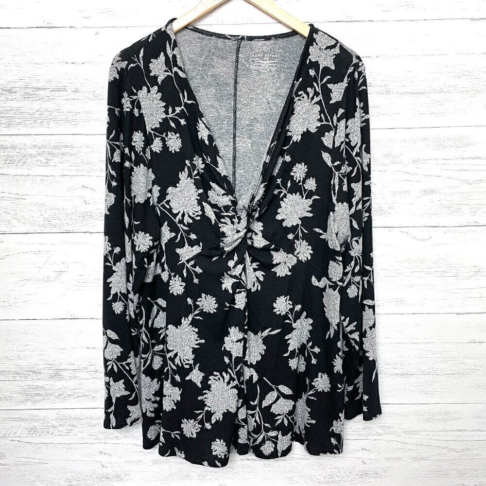 NEW Lane Bryant Women's Black & Gray Floral Knit Tunic Top Twist Front 18/20